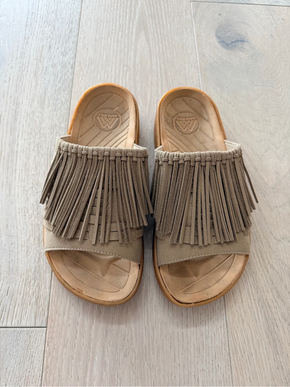 Fringed Slide Sandals in Light Taupe